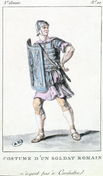 Theaterkostümentwurf für einen römischen Soldaten (Farbstich) von French School